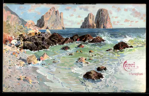 Lithographie Capri, I Faraglioni, Felsklippen am Ufer