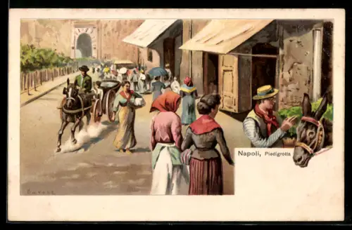 Künstler-AK Neapel / Napoli, Piedigrotta, Strassenhändler mit Esel, Strassenpartie mit Kutsche