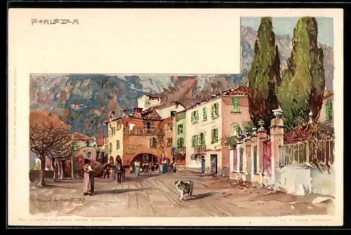 Künstler-AK Manuel Wielandt: Porlezza, Ortspartie mit Hund