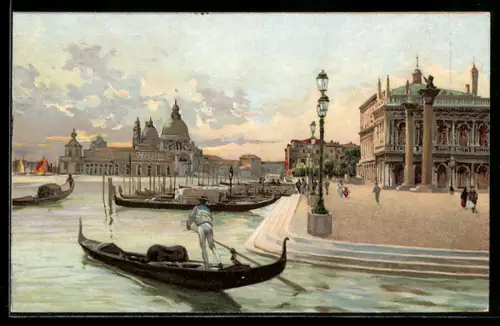 Künstler-AK Venezia, Piazzetta S. Marco colla Chiesa di S. Maria della Salute, Gondoliere beim Rangieren