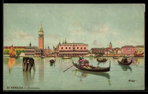 Lithographie Venezia, Panorama mit Gondeln