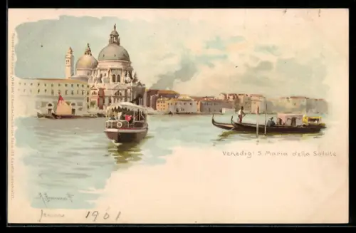 Lithographie Venedig, S. Maria della Salute, Ortsansicht vom Wasser aus gesehen, Dampfer
