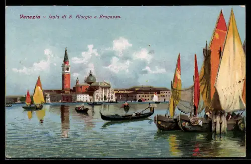 AK Venezia, Isola di S. Giorgio e Bragozzo, Segelschiffe, Gondel