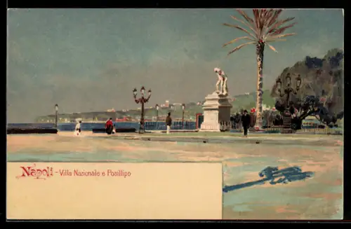 Künstler-AK Napoli, Villa Nazionale e Posillipo, Platzansicht, Statue, Leute