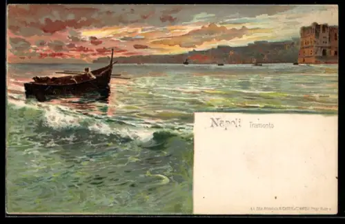 Lithographie Napoli, Tramonto mit Fischerboot