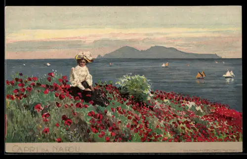 Lithographie Napoli, Blick von einer Mohnwiese nach Capri