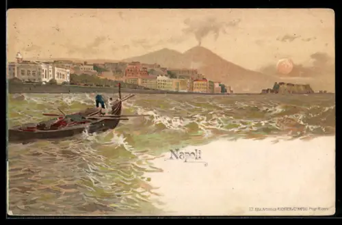 Lithographie Napoli, Mann in einem Boot vor dem Ort