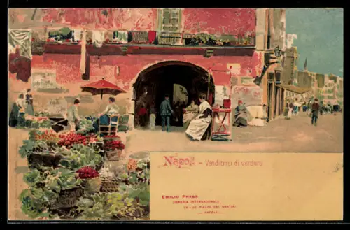 Lithographie Napoli, Venditrici di verdura, Strassenhändler