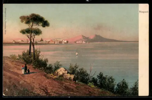 Künstler-AK Napoli, Blick auf den Vulkan Vesuv und einen Teil der Stadt