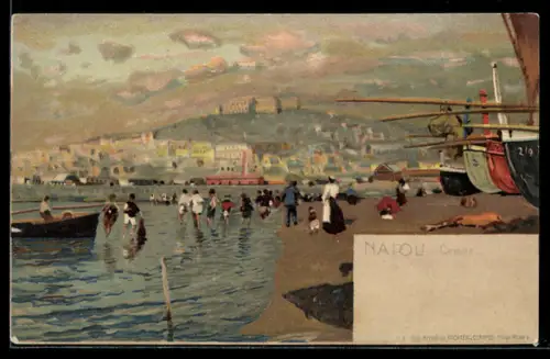 Lithographie Napoli, Uferpartie mit Booten und Strandgästen
