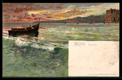 Lithographie Napoli, Tramonto mit Fischerboot