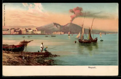 Lithographie Napoli, Fischerboote vor der Stadt
