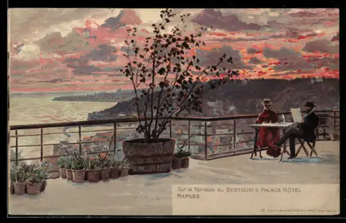 Künstler-AK Naples, sur la Terrasse du Bertolini`s Palace Hotel, Abendstimmung