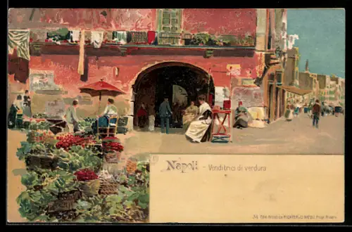 Lithographie Napoli, Venditrici di verdura, Strassenhändler
