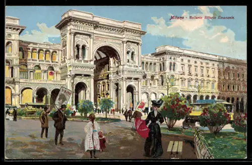 AK Milano, Galleria Vittorio Emanuele con tram e passanti eleganti
