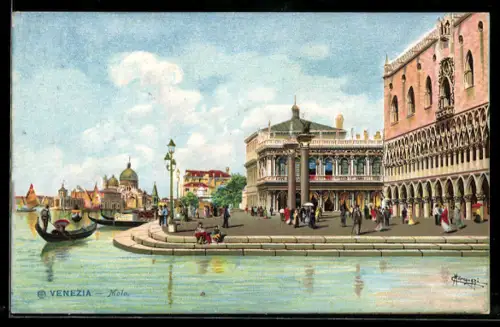 AK Venezia, Molo, Passanten an der Mole