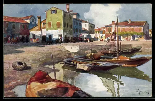 Künstler-AK Burano, Partie am Wasser, Ruder- und Segelboote