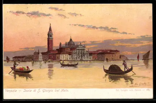 Künstler-Lithographie Venezia, Isola di S. Girgio dal Molo, Gondeln