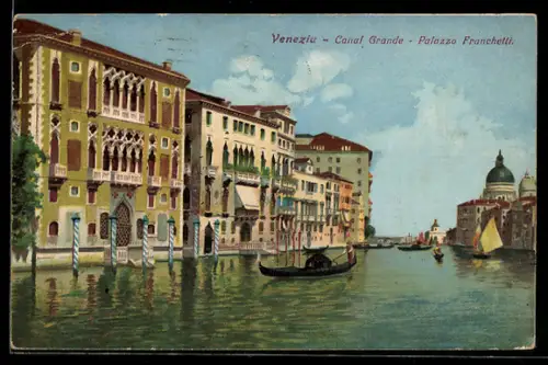 AK Venezia, Canal Grande, Palazzo Franchetti, Gondoliere mit seiner Gondel