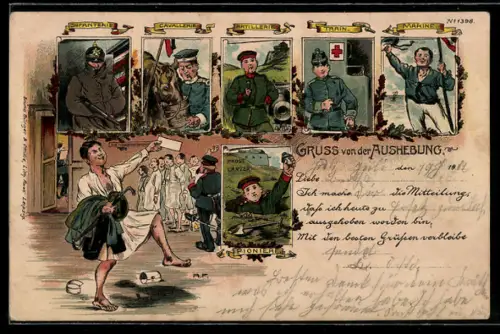 AK Gruss von der Musterung mit den verschiedenen Abteilungen