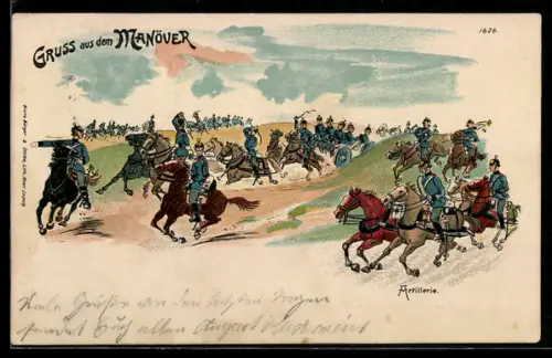 Lithographie Artillerie, Pferdegespanne im Feld