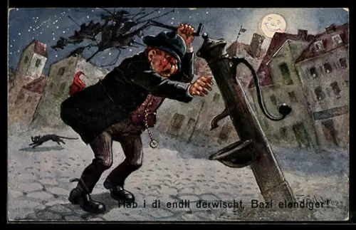 Künstler-AK F.Schlemo: Betrunkener Mann schlägt mit Regenschirm auf Wasserpumpe ein