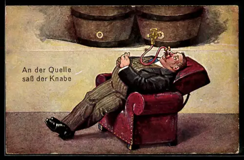 AK dicker Mann trinkt ein Weinfass leer