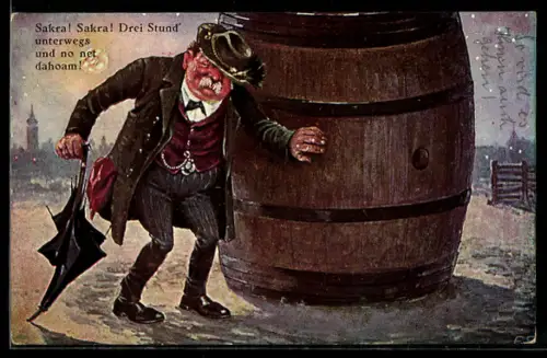 Künstler-AK Trinker läuft Kreise um ein Bierfass