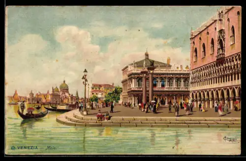 AK Venezia, Molo, Passanten an der Mole