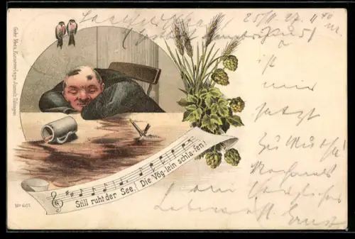 Lithographie Trinker legt sich auf den Tisch schlafen, Liedzeile, Hopfen & Gerste, Vögel