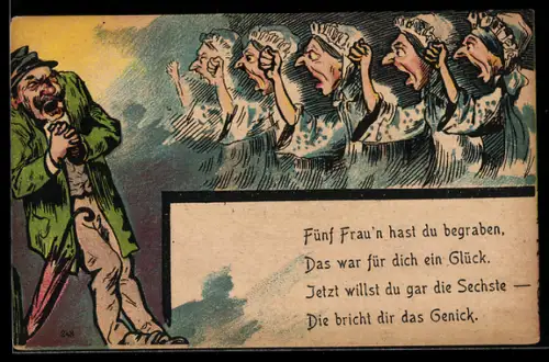 AK Mann mit Schirm und fünf schimpfende Ehefrauen