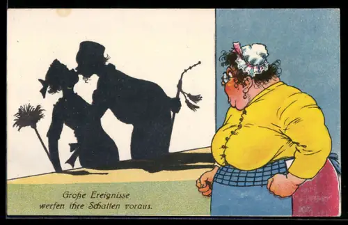 Künstler-AK Grosse Ereignisse werfen ihre Schatten voraus, Frau beobachtet Mann und Frau beim Küssen