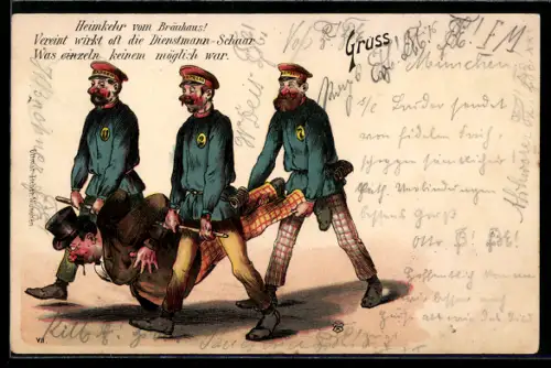 Lithographie Heimkehr vom Bräuhaus, Trinker wird von Pagen getragen