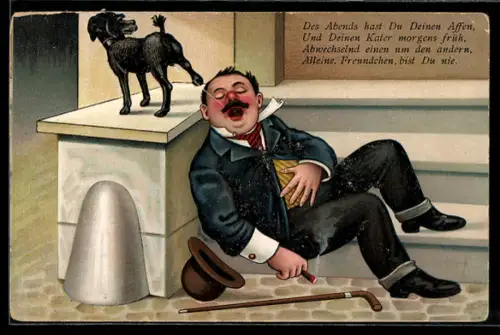 AK Betrunkener liegt auf einer Treppe, während ein Hund in seinen Mund uriniert