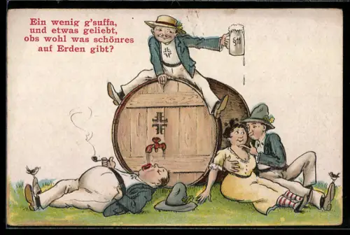 AK Ein wenig gsuffa..., Betrunkene und Liebespaar am Bierfasse