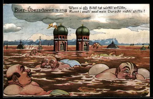 AK Bier-Überschwemmung in München, Betrunkene dicke Männer schwimmen in Bier