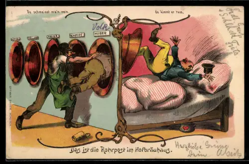 AK Rohrpost im Hofbräuhaus, Herr Huber rutscht durch einen Schacht ins Bett