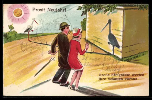 Künstler-AK Paar sieht den Schatten eines Storchs