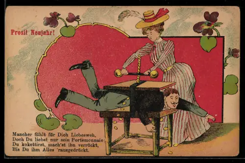 AK Frau presst ihrem Mann das Geld aus der Tasche, frauenfeindlicher Humor