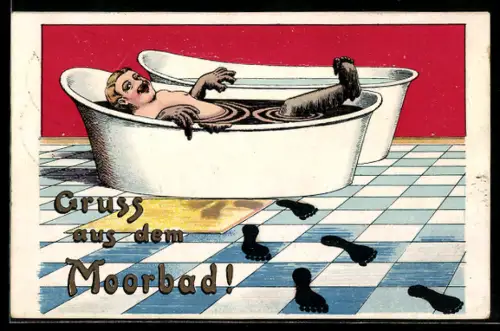 AK Kurgast im Moorbad, schwarze Fussabdrücke