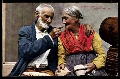 AK Neapel / Napoli, Costumi Napoletani, Un boccone saporito, alter Herr gibt seiner Gattin einen Leckerbissen zu essen