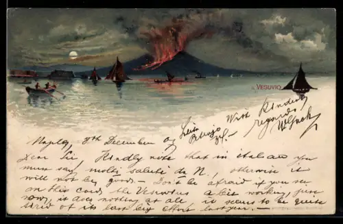 AK Neapel, Ausbruch des Vesuvs, Vollmond, Boote