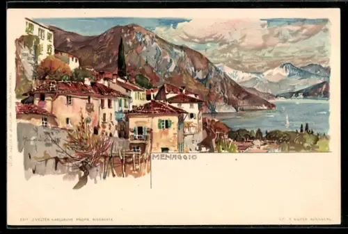 Künstler-Lithographie Manuel Wielandt: Menaggio, Ortsansicht