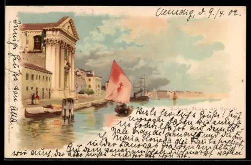 Lithographie Venedig, Zattere-Jesuiten Kirche, Boot