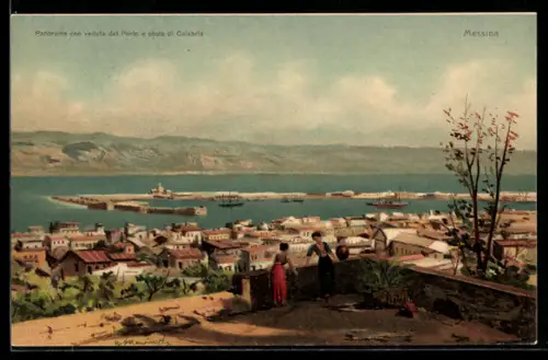 Künstler-AK Messina, Panorama con veduta del porto e costa di Calabria