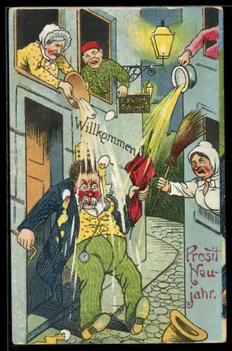 AK Betrunkener wird mit Nachtöpfen beworfen