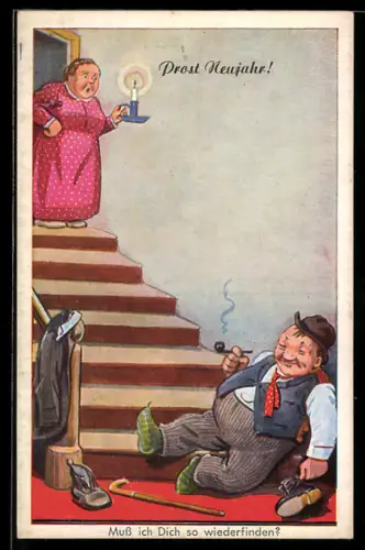 AK Frau findet ihren Mann schlafend am Fuss der Treppe