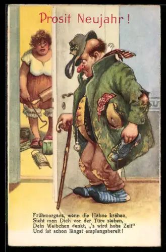AK Frühmorgens, wenn die Hähne krähen..., Ehefrau empfängt Trinker mit dem Nudelholz