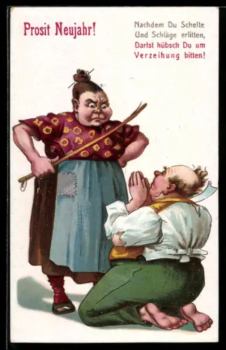 AK Prosit Neujahr, Mann bittet seine Alte auf Knien um Verzeihung