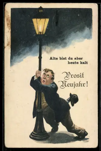 AK Trinkerhumor, Mann umarmt Laterne und denkt, es wäre seine Frau